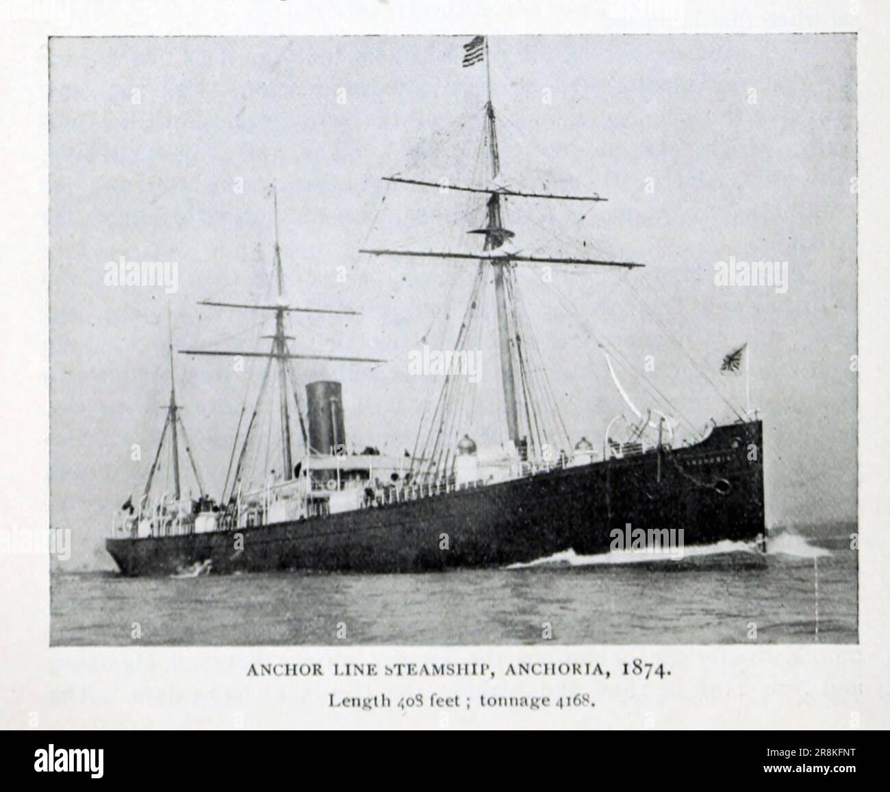 Anchor Line Steamship, Anchoria, 1874 Length 408 feet tonnage 4168 from the Article The Transatlantic Steamers of 1856 to 1880 By Samuel Ward Stanton from The Engineering Magazine DEVOTED TO INDUSTRIAL PROGRESS Volume X October 1896 NEW YORK The Engineering Magazine Co Stock Photo
