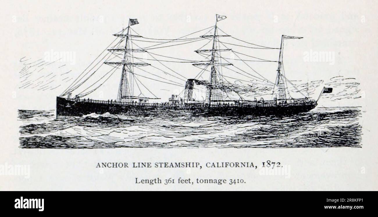 Anchor Line Steamship, California, 1872 Length 361 feet tonnage 3410 from the Article The Transatlantic Steamers of 1856 to 1880 By Samuel Ward Stanton from The Engineering Magazine DEVOTED TO INDUSTRIAL PROGRESS Volume X October 1896 NEW YORK The Engineering Magazine Co Stock Photo