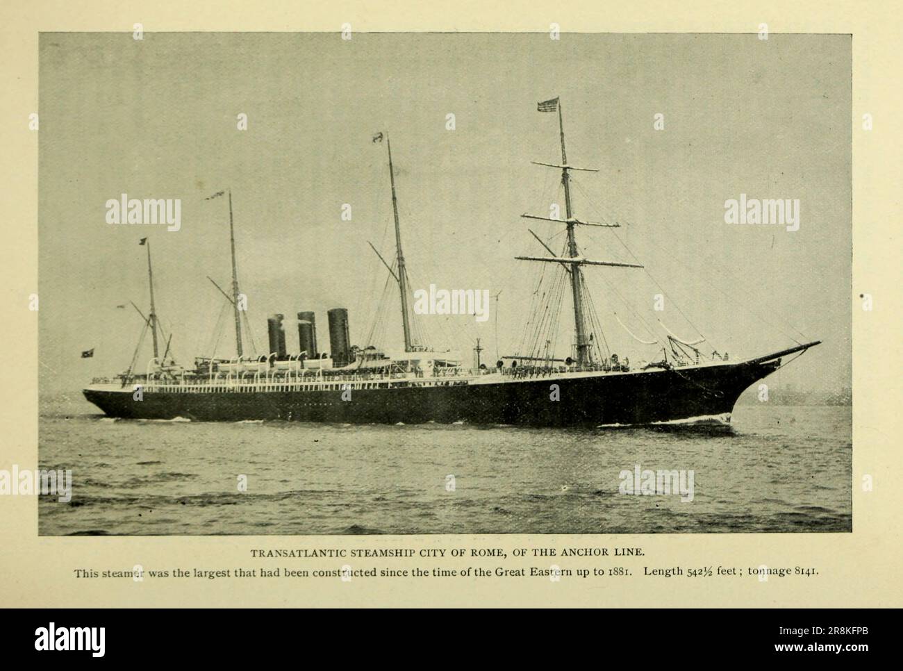 Anchor Line Transatlantic Steamship ' City of Rome ' 1881 Length 542 feet tonnage 8141 from the Article The Great Modern Transatlantic Steamships By Samuel Ward Stanton from The Engineering Magazine DEVOTED TO INDUSTRIAL PROGRESS Volume X October 1896 NEW YORK The Engineering Magazine Co Stock Photo