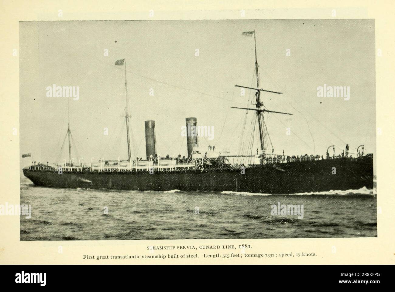 Cunard Line Steamship Servia 1881 First great Transatlantic Steamship built of steel. Length 515 feet tonnage 7392 speed 17 knots from the Article The Great Modern Transatlantic Steamships By Samuel Ward Stanton from The Engineering Magazine DEVOTED TO INDUSTRIAL PROGRESS Volume X October 1896 NEW YORK The Engineering Magazine Co Stock Photo
