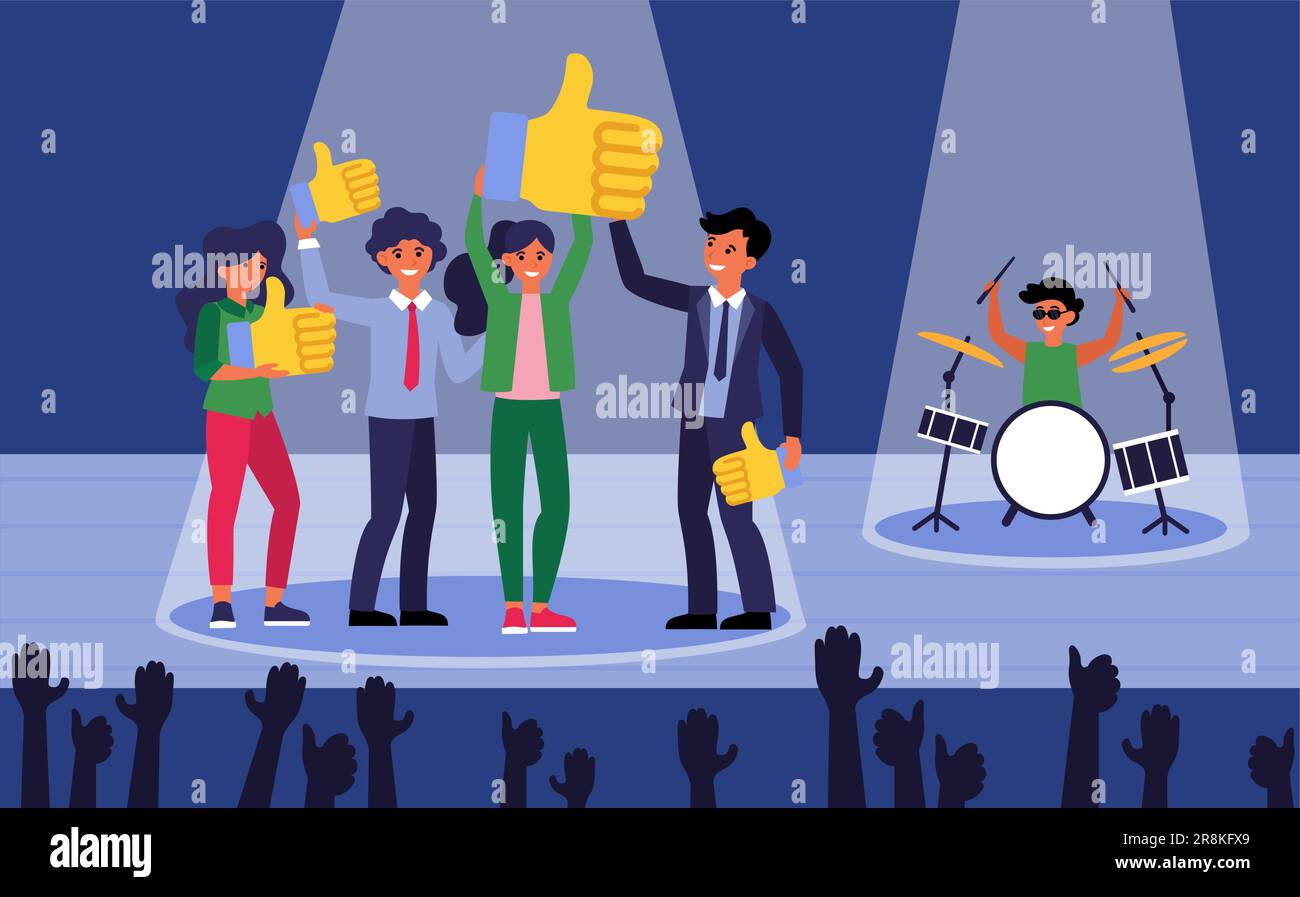 Happy people on stage showing likes Stock Vector