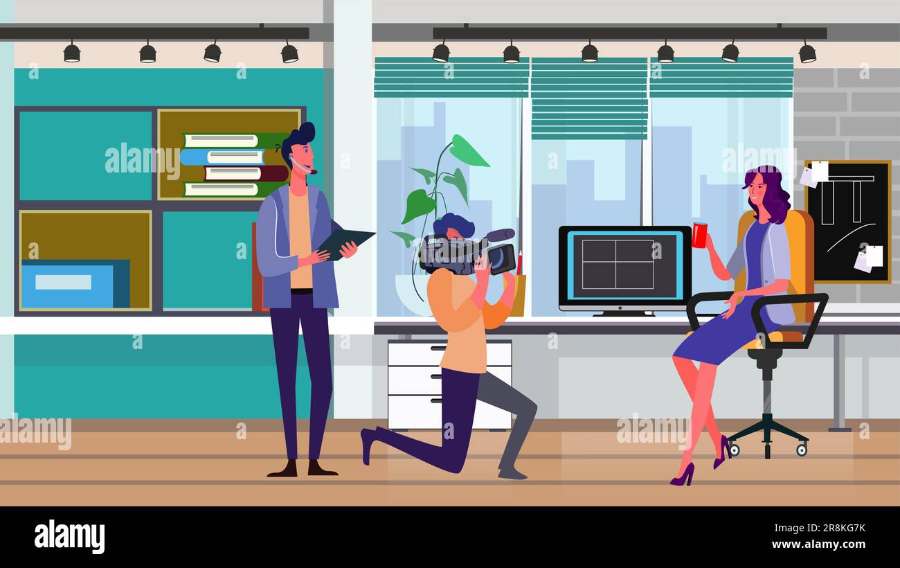 Cameraman filming woman with cup at office workplace Stock Vector