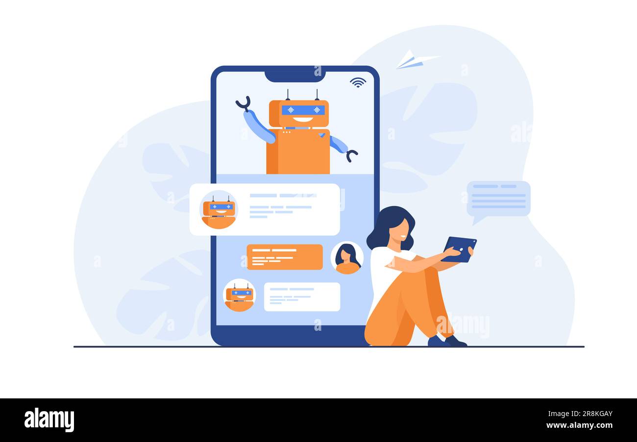 Tiny woman using mobile assistant with chatbot Stock Vector