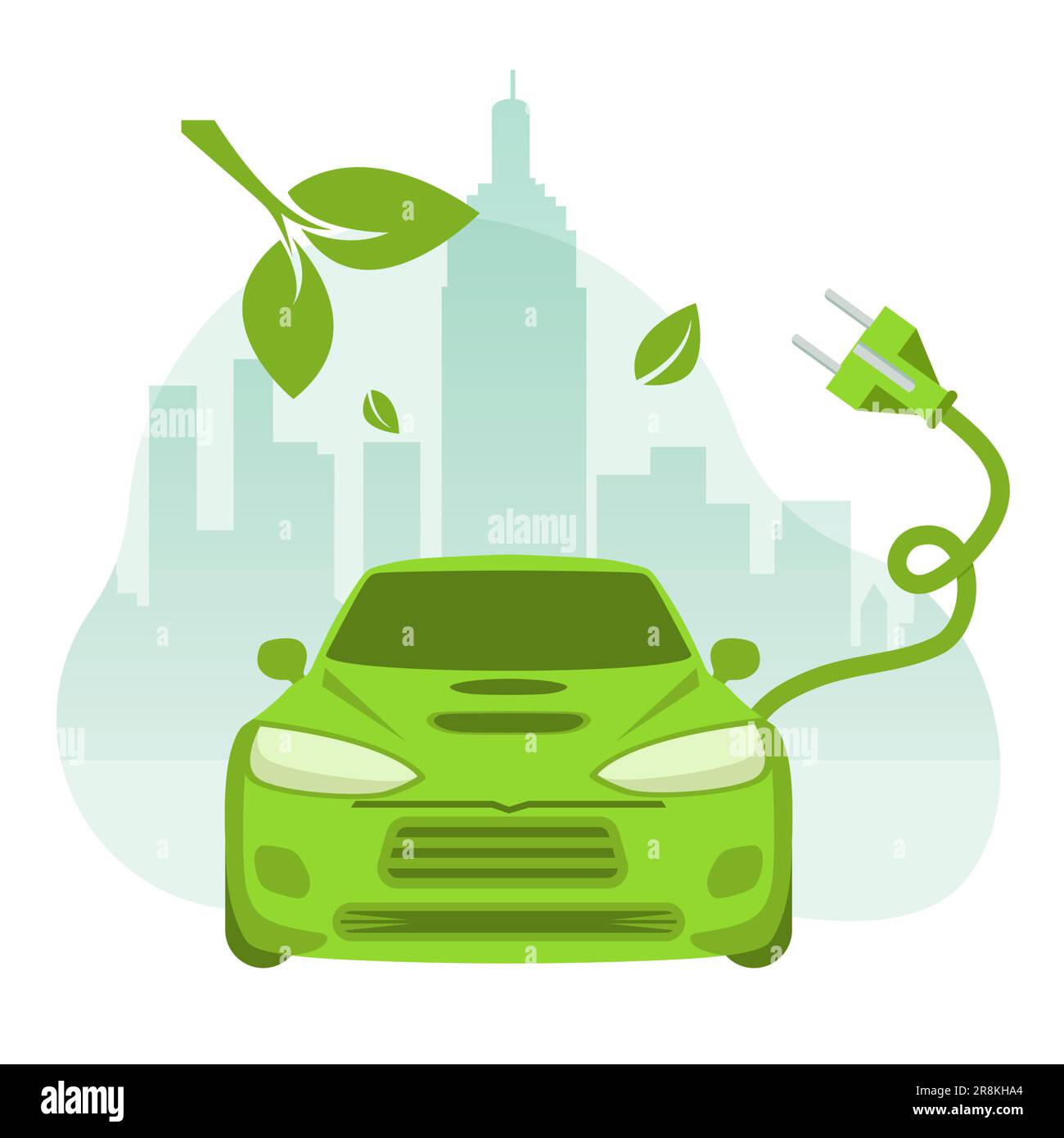 Vector of an electric car with a plug in on a cityscape background Stock Vector