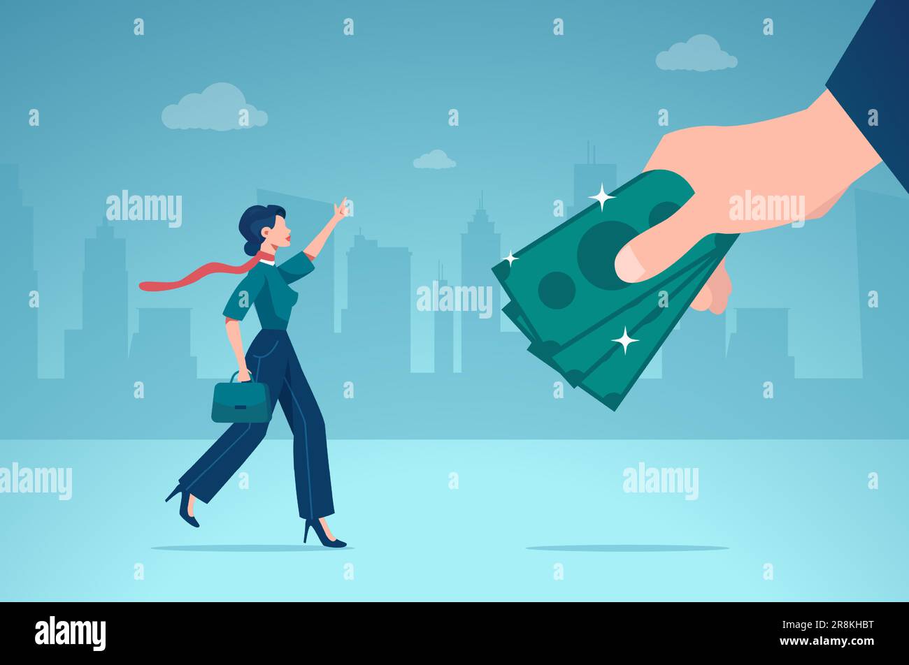 Vector of a young successful businesswoman getting paid, salary, wages payment or bonus Stock Vector