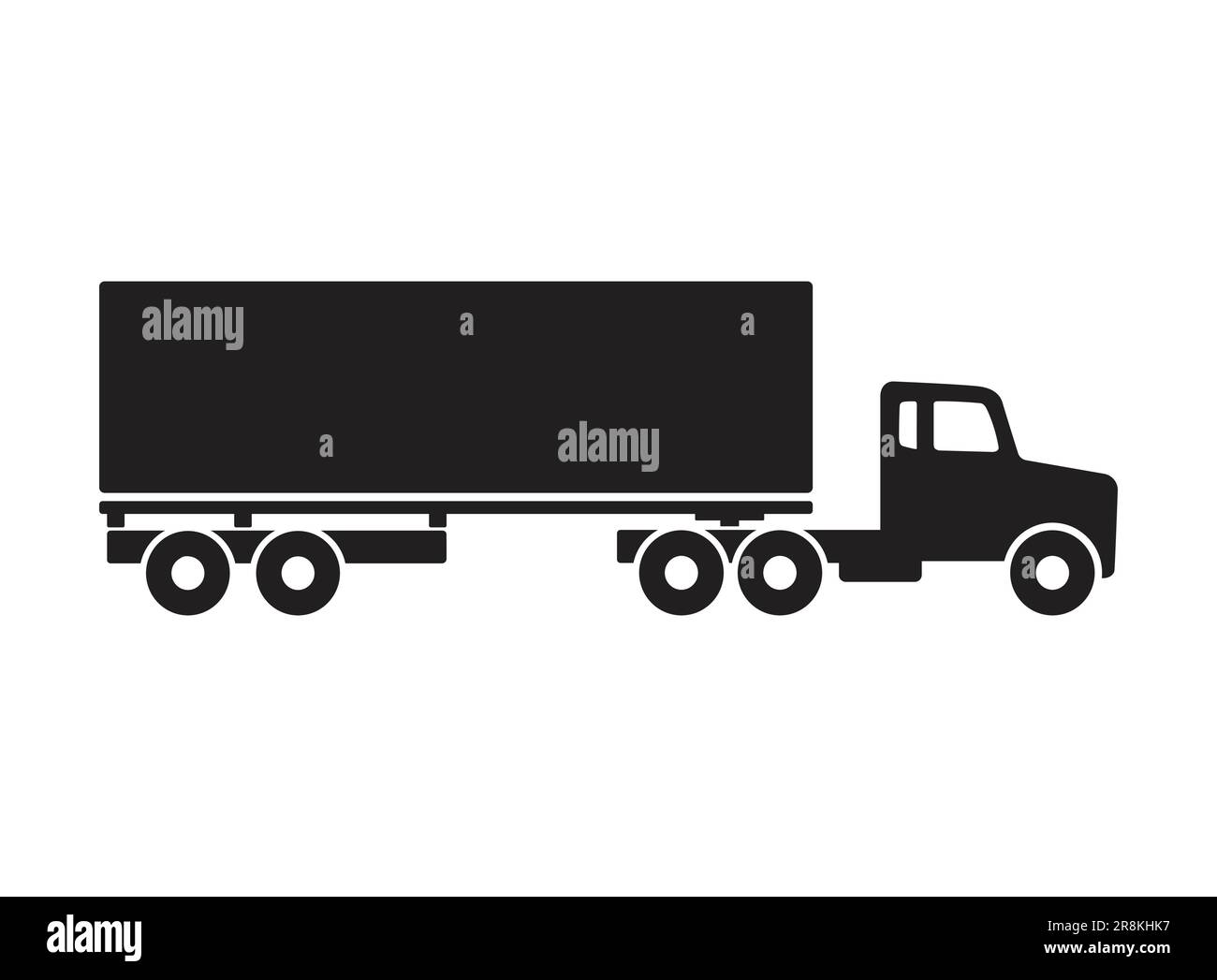 simple semi trailer long nose mid sized container truck articulated black silhouette side view icon symbol vector isolated on white background Stock Vector