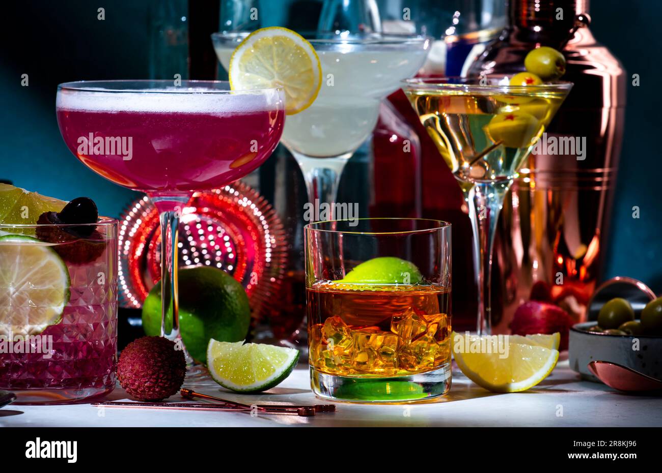 Alcoholic cocktails set, strong drinks and aperitifs, bar tools