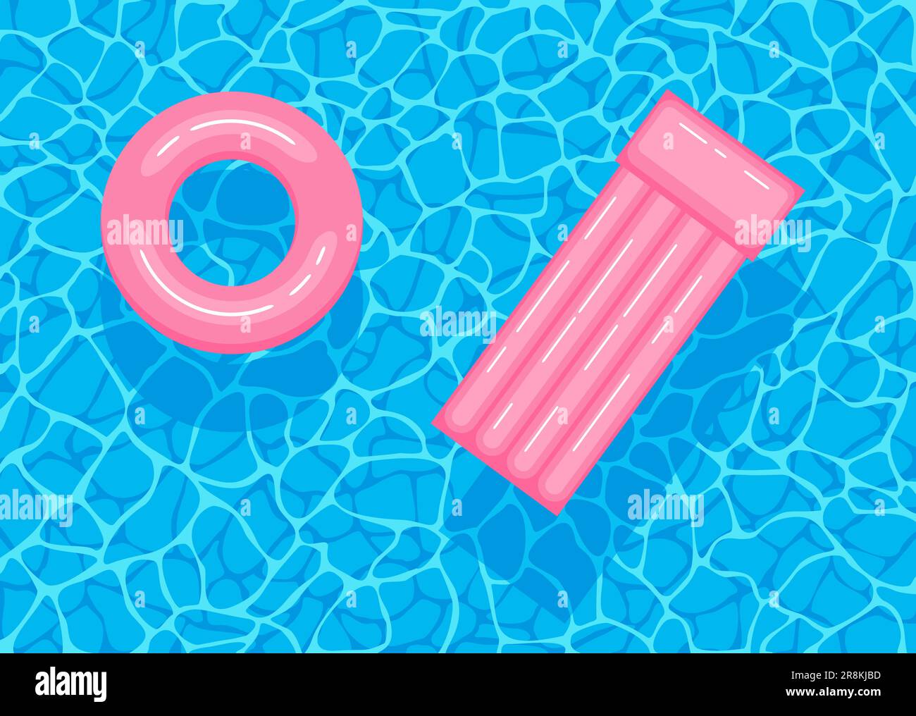 Swimming pool with floating inflatable pink circle and air mattress