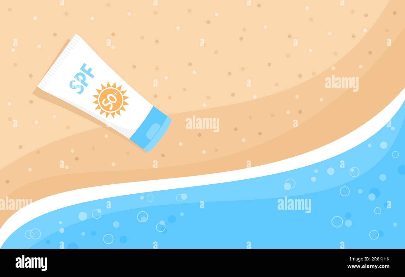 A bottle of sunscreen lotion on the sand near the sea waves, top view. Flat vector illustration Stock Vector