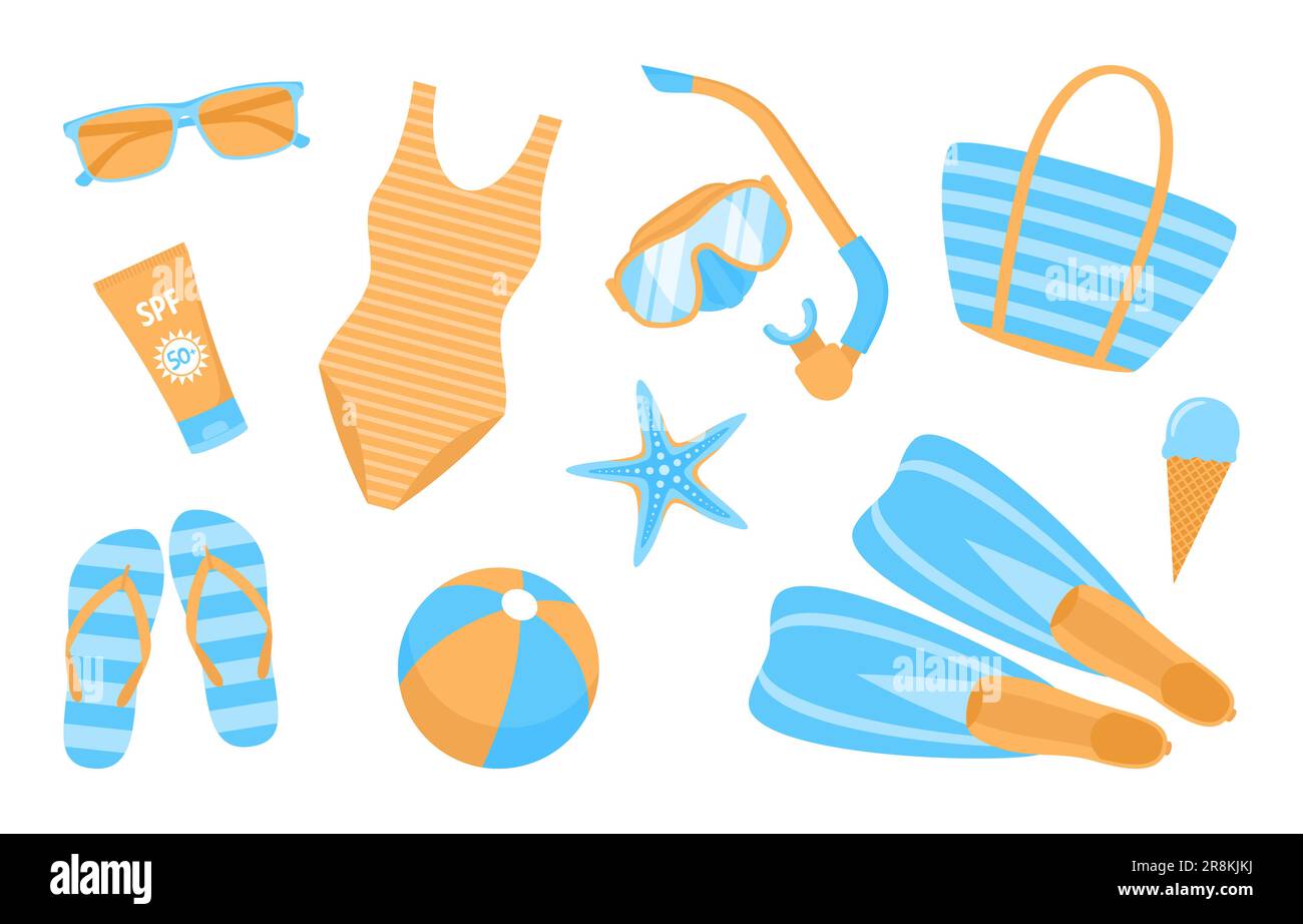 Set of summer beach items in blue and orange colors isolated on white background. Vector illustration in flat style Stock Vector