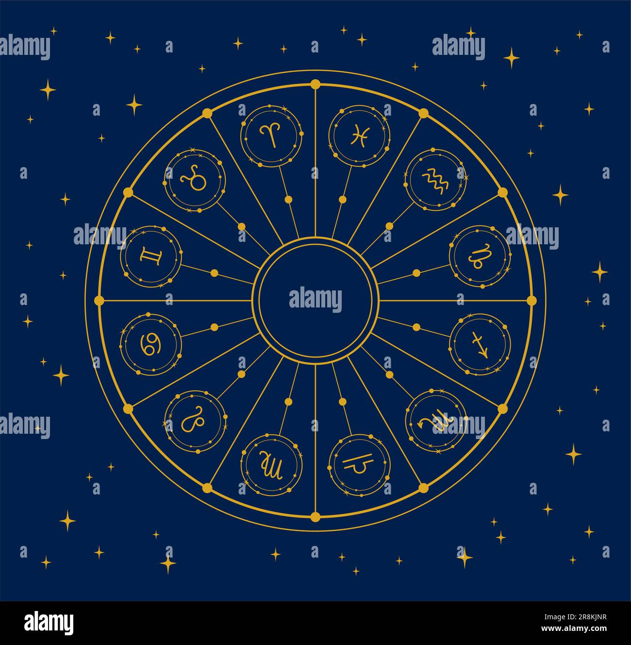 Golden zodiac circle with zodiac signs on a dark blue starry background ...
