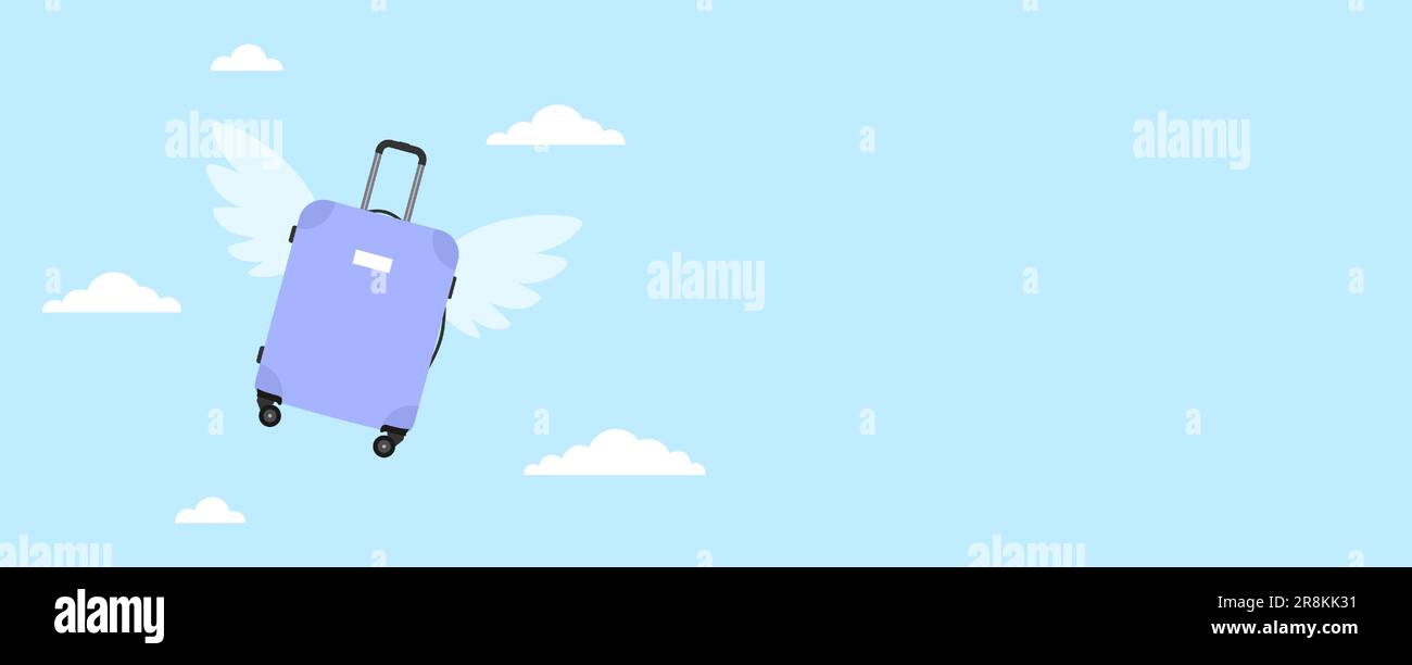 Winged flying luggage and clouds on an blue background with copy space. Vector illustration in flat style Stock Vector