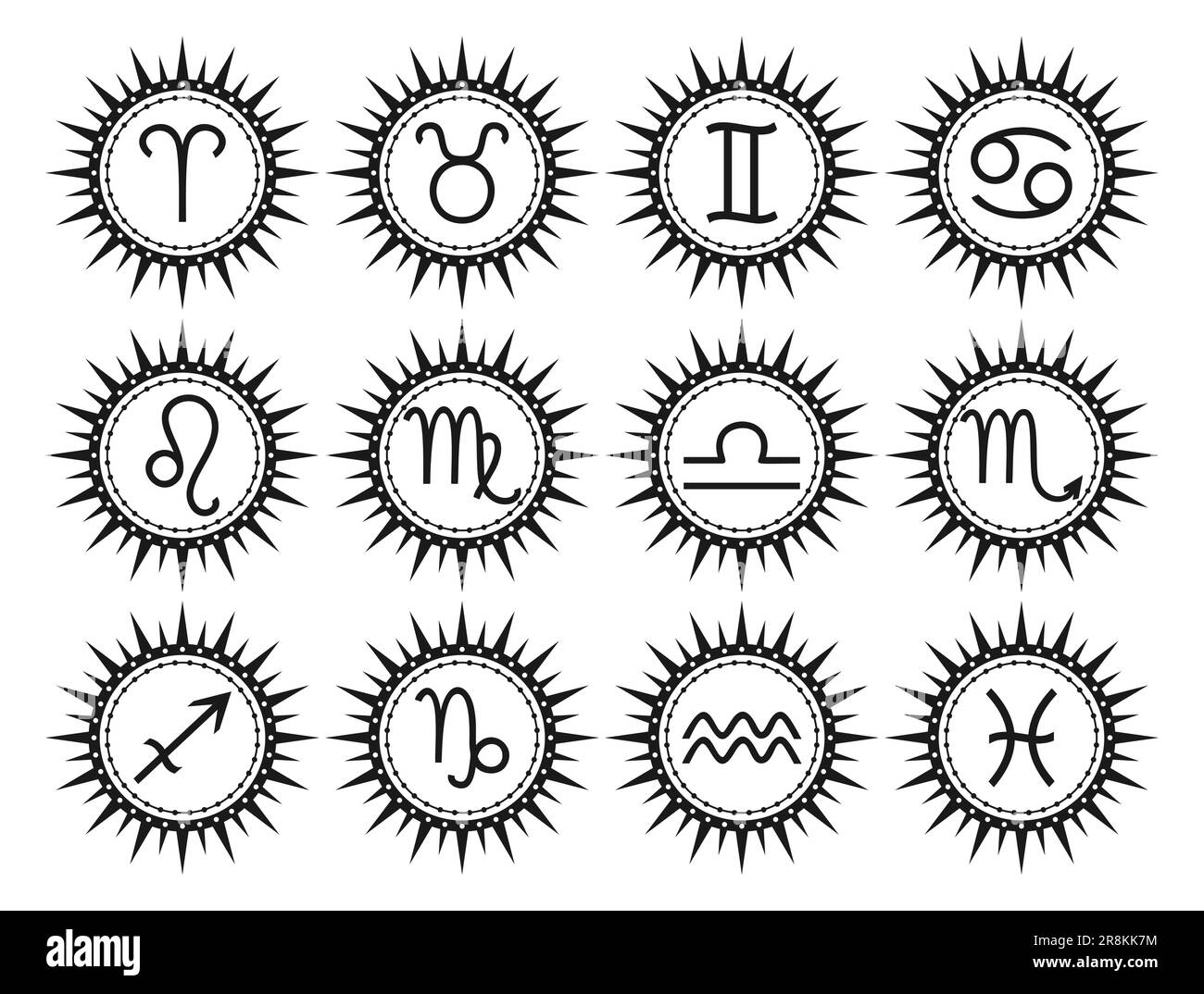 Set of black zodiac signs on a white background. Vector astrological