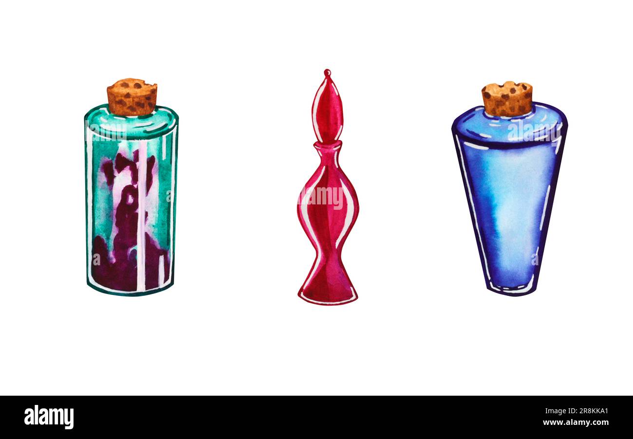Watercolor illustration of a set of magical elixirs. The drawing of the ...