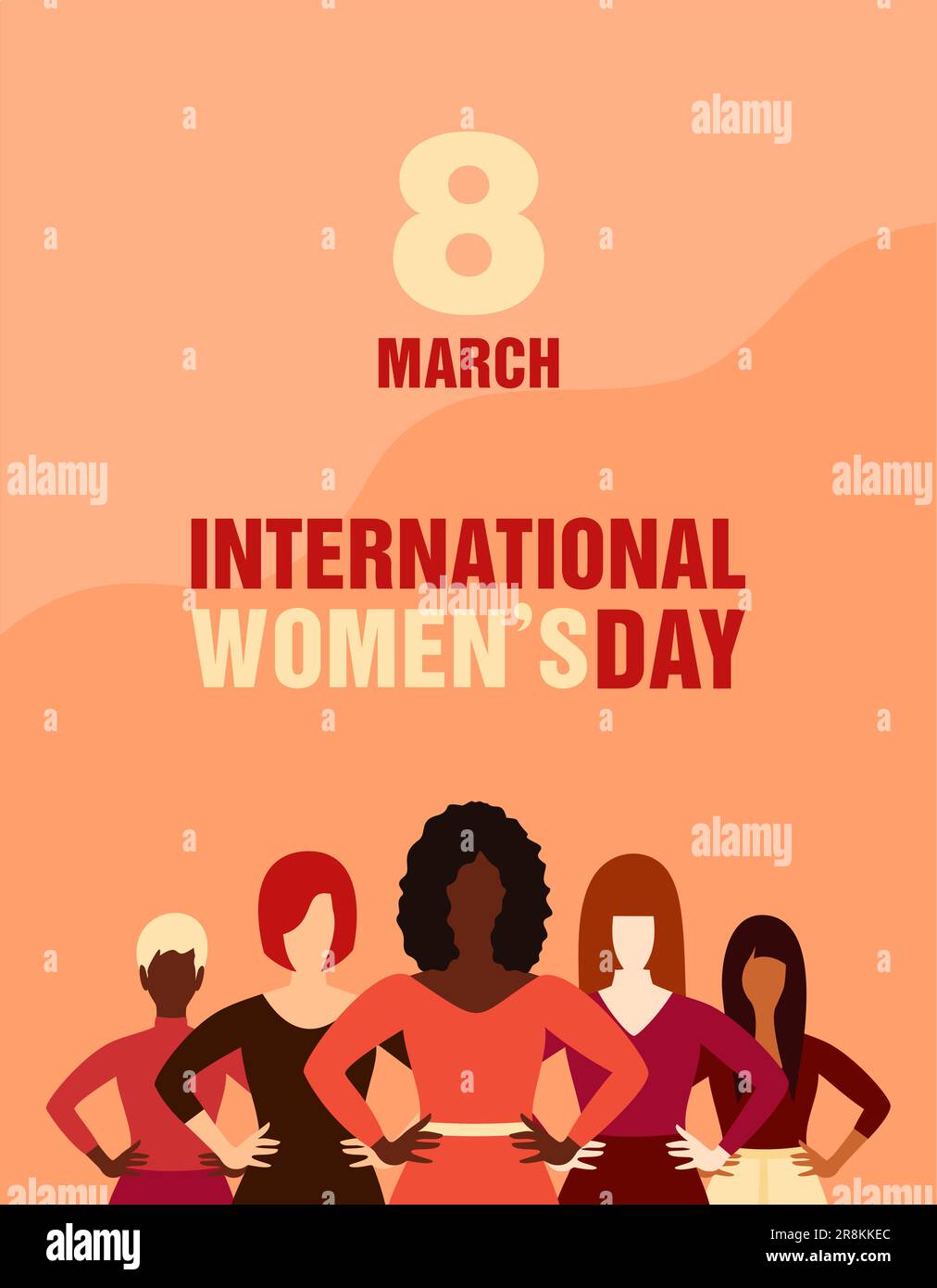 International women's day poster. Women of different ethnicities standing together in a row. Flat vector illustration Stock Vector