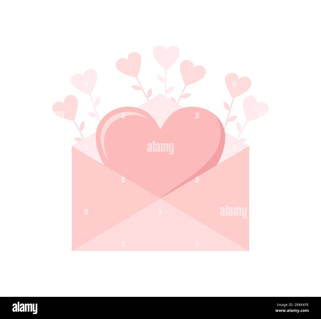 Pink envelope with big heart inside and hearts on stems around on a ...