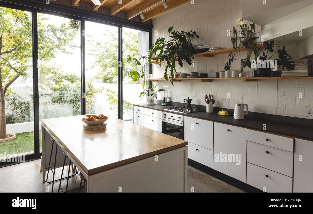 View of modern home kitchen interior with french windows to small garden Stock Photo