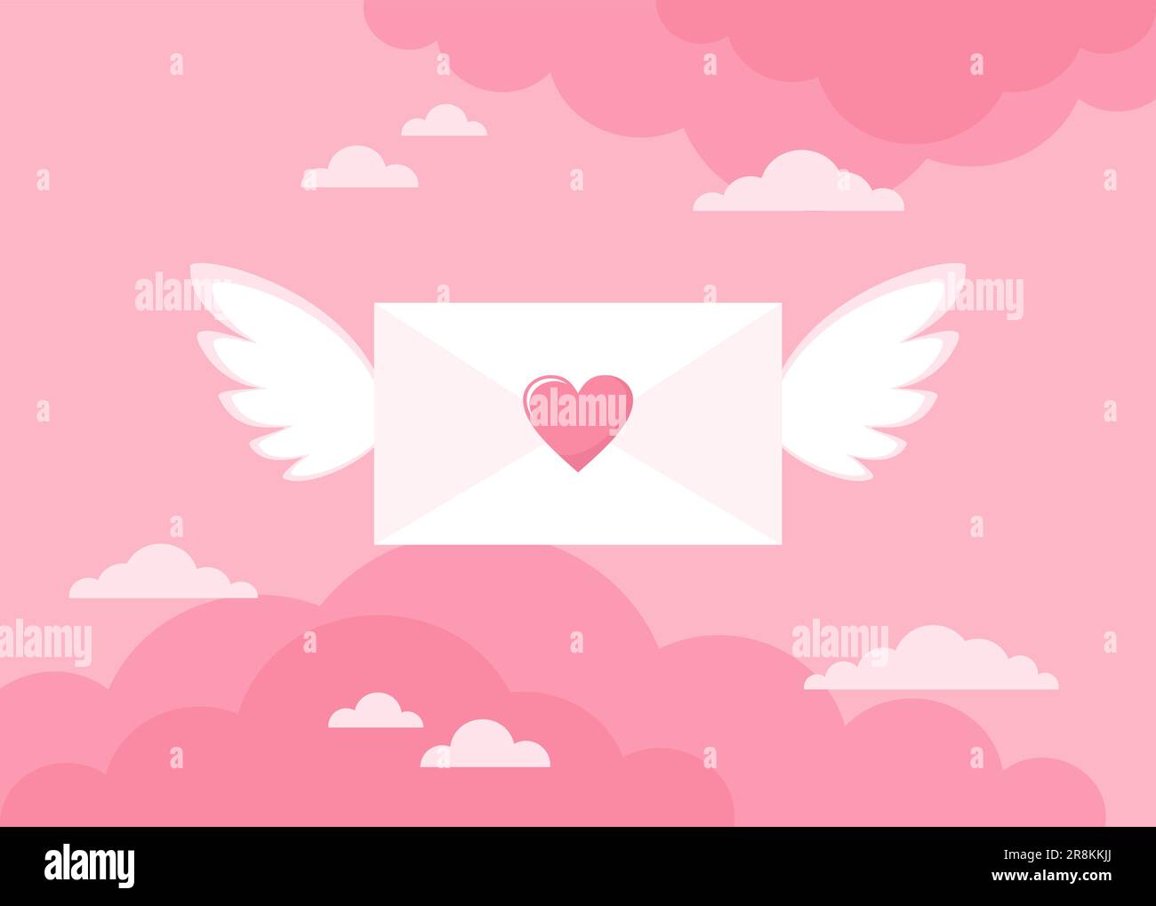 Paper envelope with heart and wings on a pink cloudy background. Love letter concept. Vector