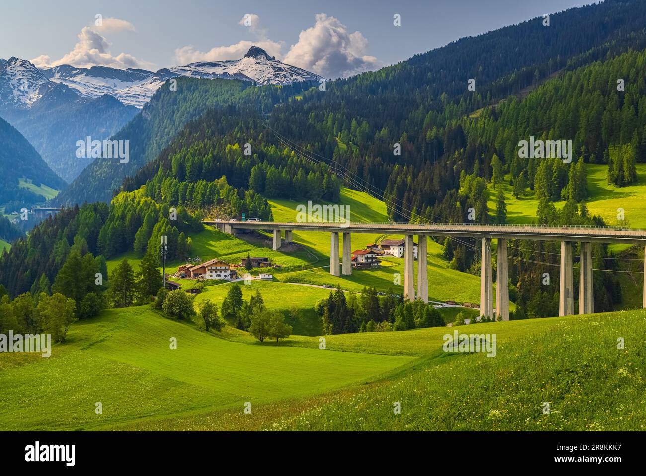 The Brenner Pass, shortly Brenner; (Italian: Passo del Brennero) is a mountain pass through the Alps which forms the border between Italy and Austria. Stock Photo