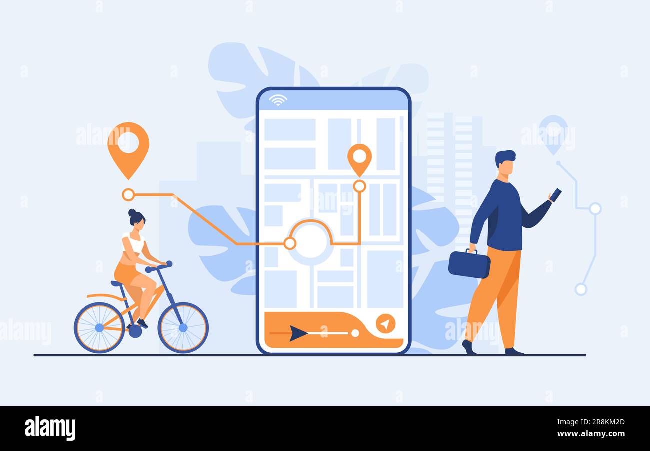 Tiny people using mobile application with map outdoors Stock Vector
