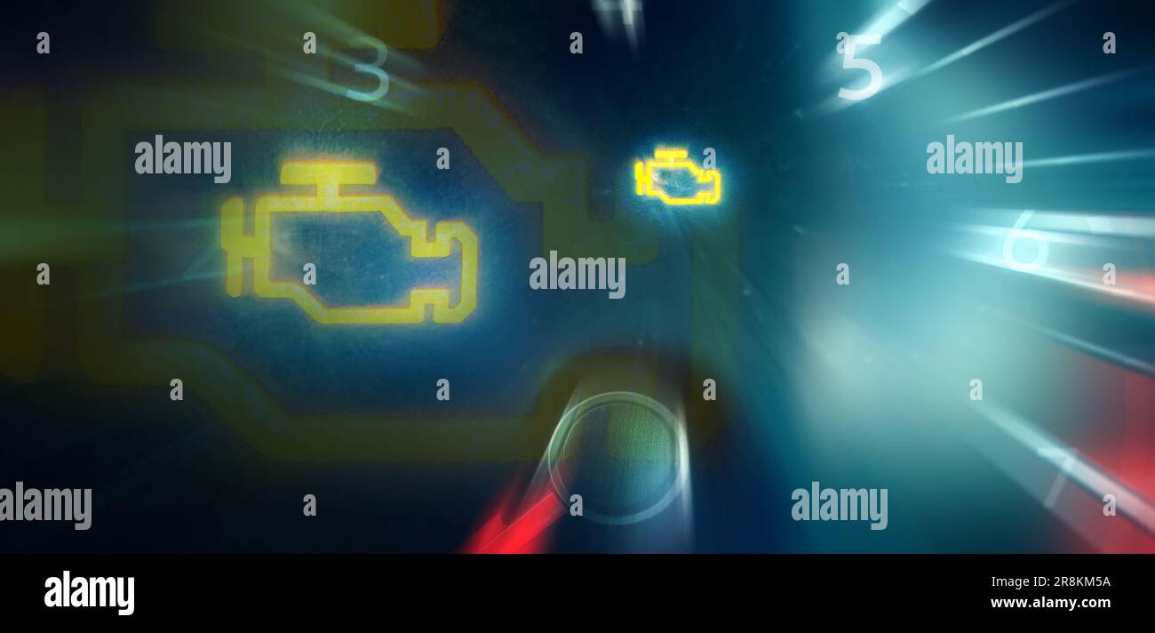Check Engine symbol on car dashboard in blurred motion effect. Problem