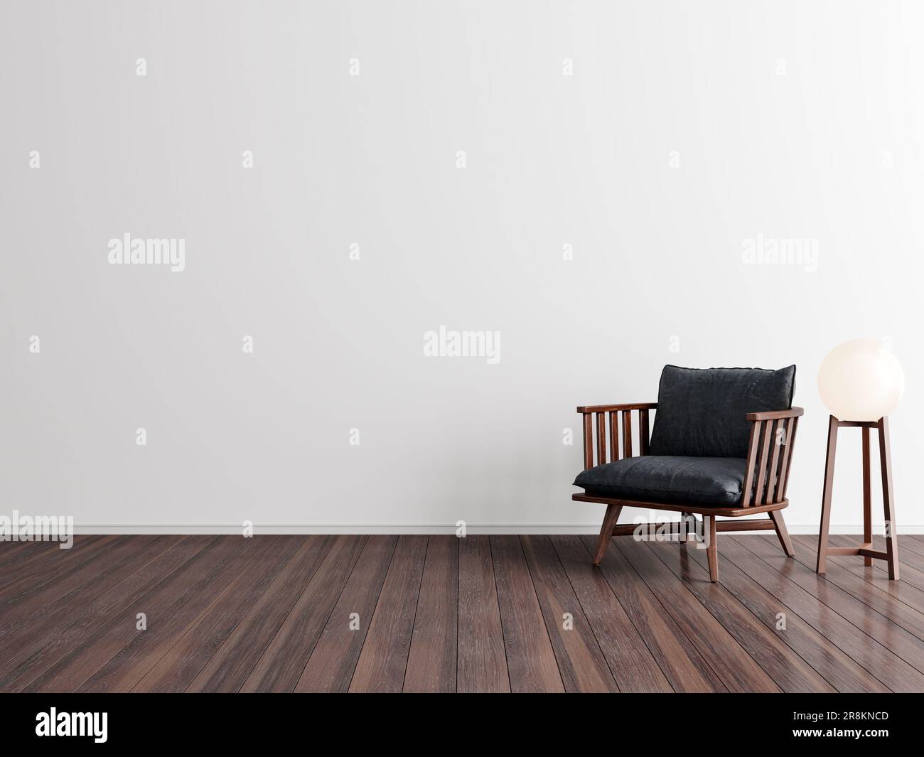 A black chair in an empty room with wood floor lamp, realistic lighting