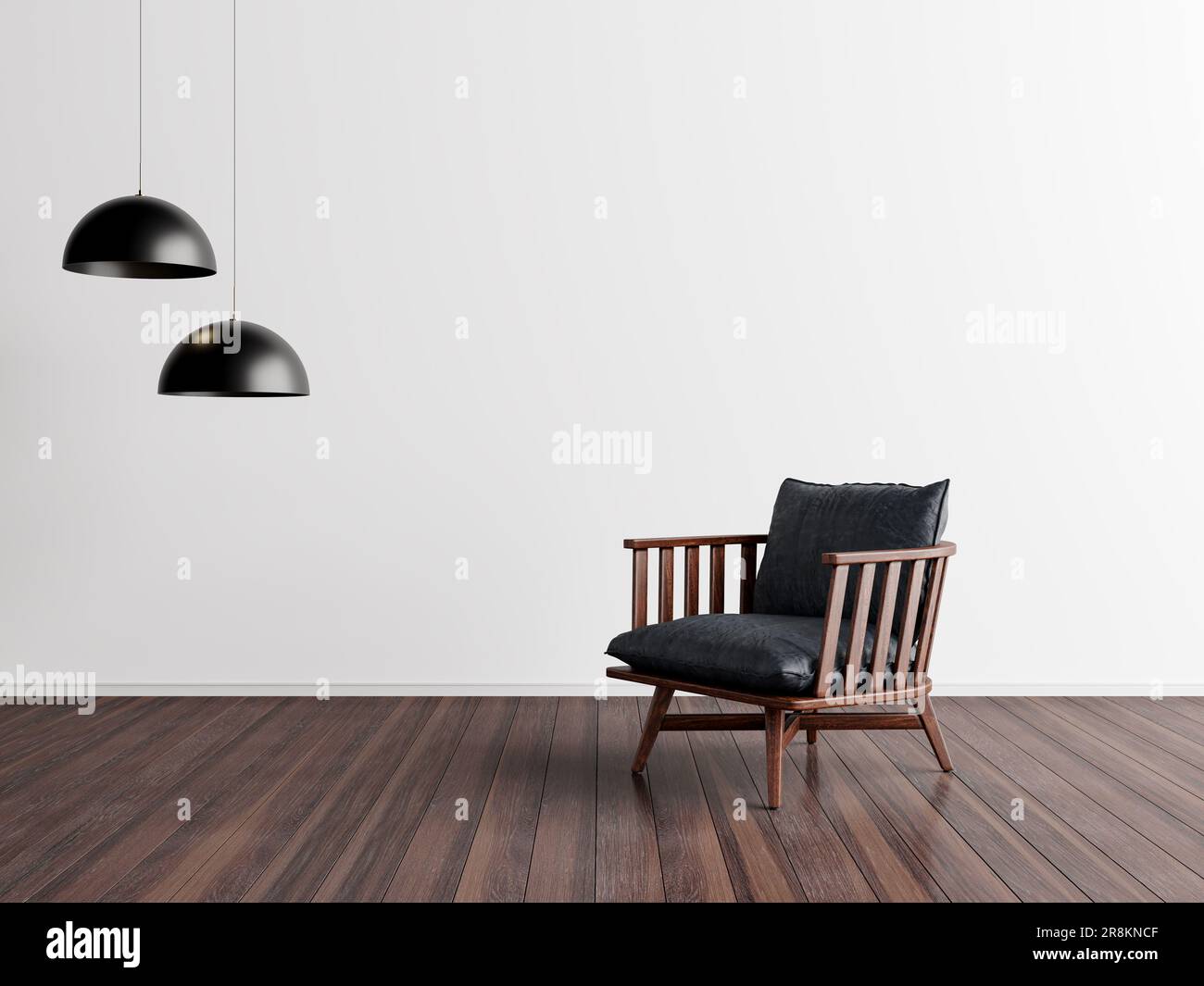 A black chair in an empty room with wood floor lamp, realistic lighting