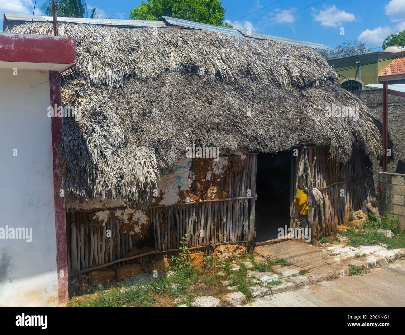 View from bus window of typical thatched Mayan house, Hunucma, Yucatan State, Mexico Stock Photo