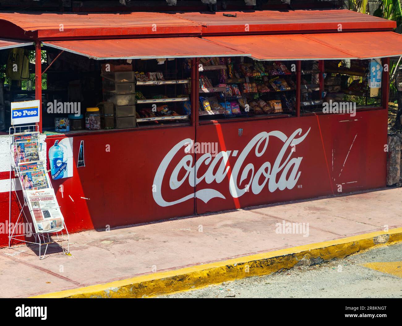 View from bus window of street snack shop labelled with Coca-Cola branding, Hunucma, Yucatan State, Mexico Stock Photo