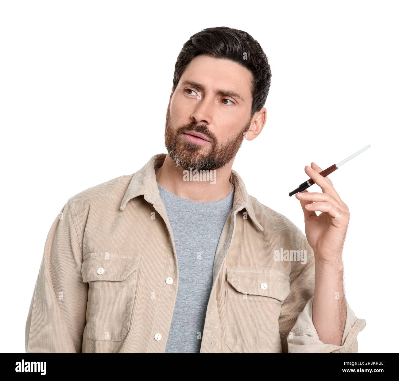 Man using cigarette holder for smoking isolated on white Stock Photo