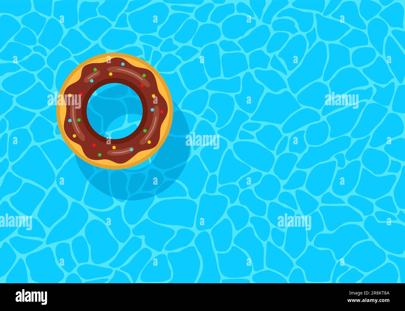 Swimming pool with floating inflatable rubber chocolate donut. Top view
