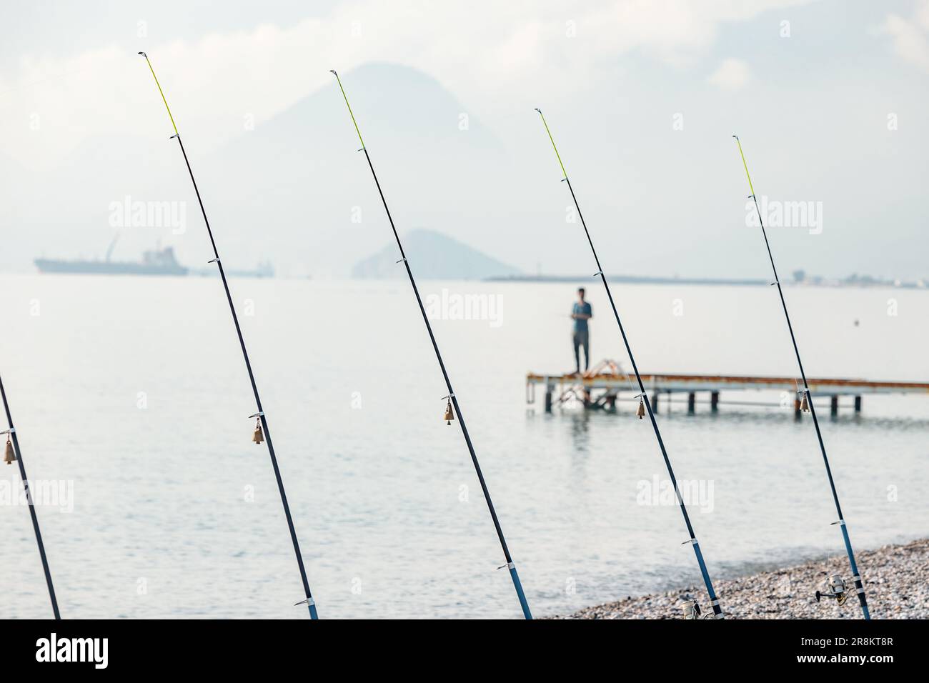 Row of fishing rods on a sea coast. Recreation and sport concept Stock  Photo - Alamy