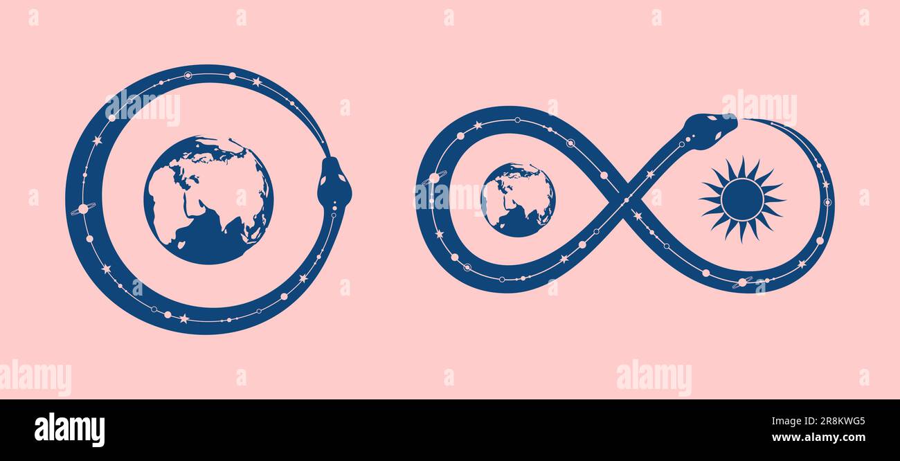 Ouroboros, a serpent with a cosmic pattern on its back coiled in a ring around planet Earth and biting its tail. A snake making an infinity sign aroun Stock Vector