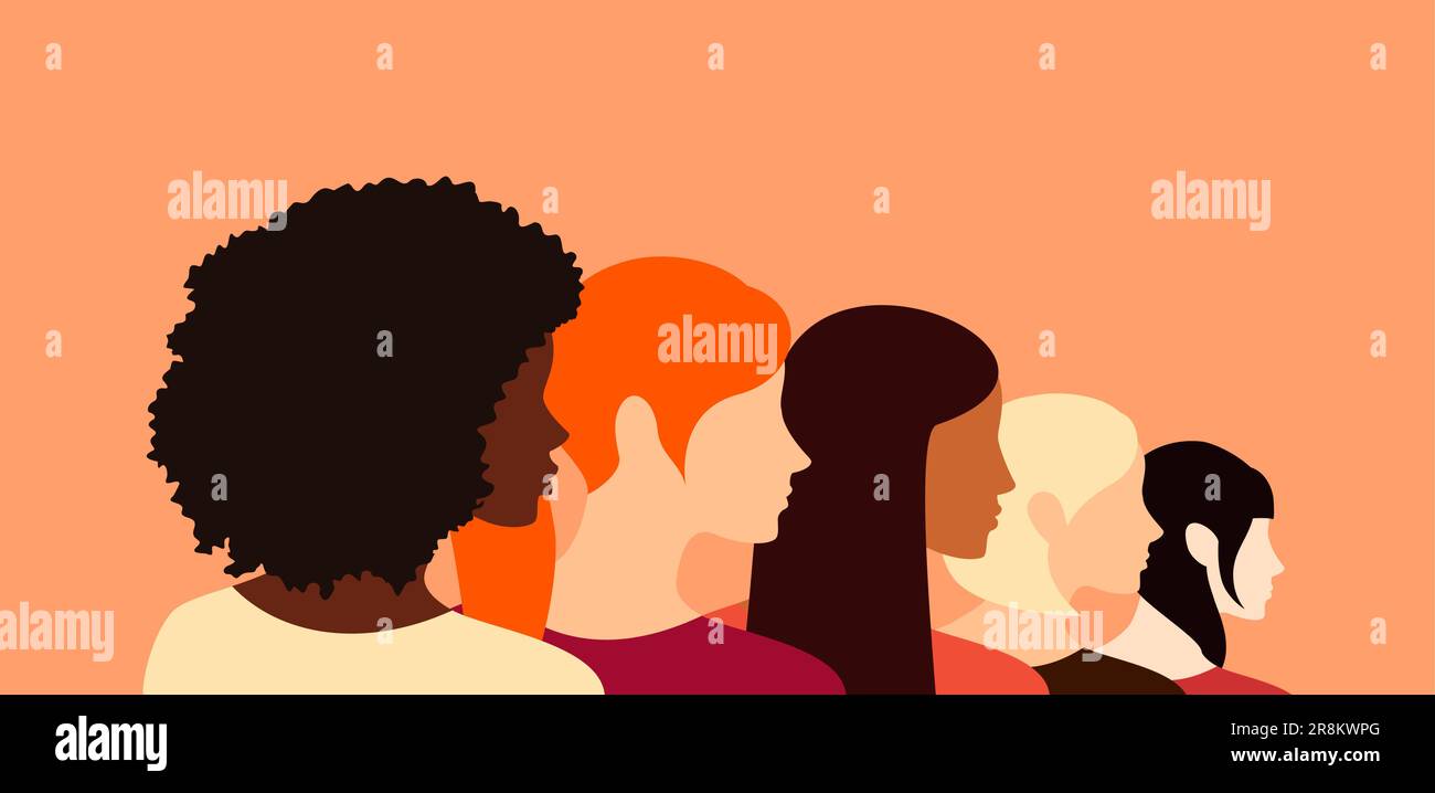 Women of different ethnicities standing together in a row, side view. Vector illustration in flat style Stock Vector