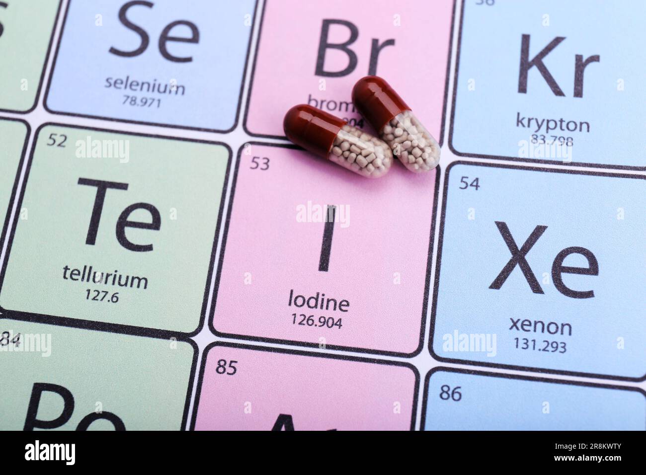 Symbol Iodine and pills on periodic table of elements, top view Stock