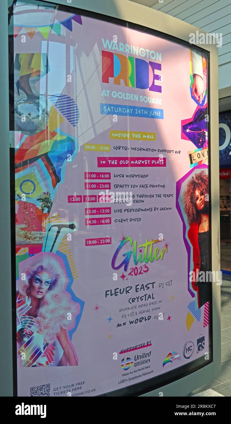 Celebrations for Warrington Pride in the town centre, Cheshire, England, June 24th 2023, with  Fleur East  & Crystal Stock Photo