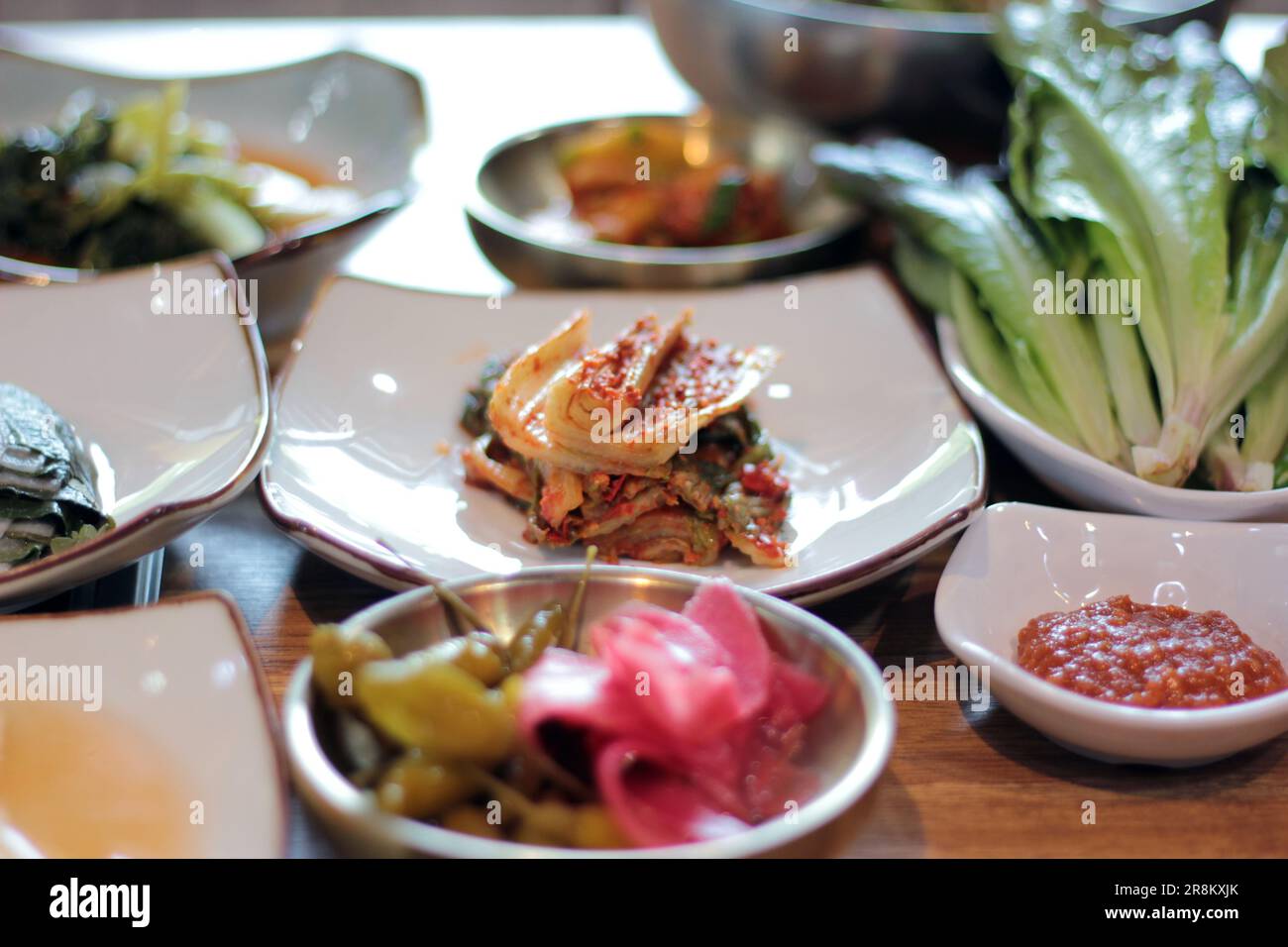 Korean pork ribs and beef marbled Korean BBQ style charcoal grill Stock