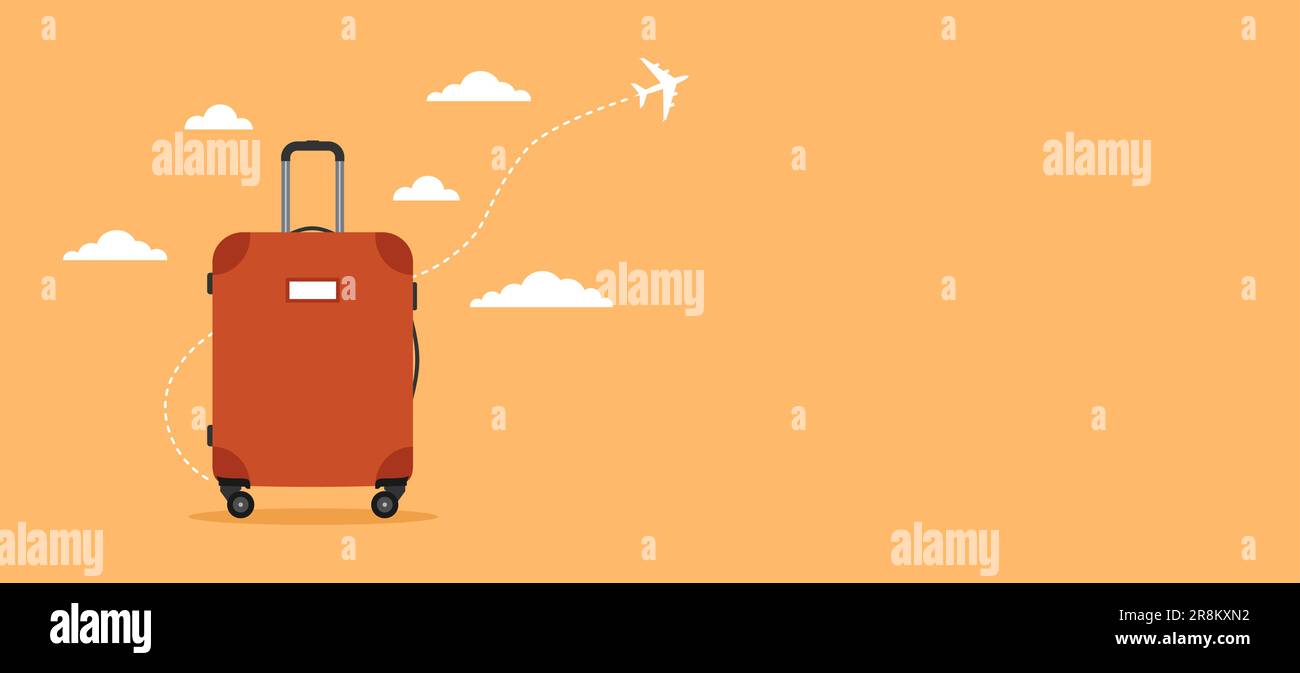 Luggage with airplane and clouds on orange background, copy space. Travel concept. Flat vector illustration Stock Vector