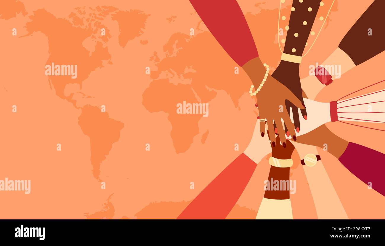 Hands of women of different ethnic groups making a gesture of unity on a world map background with copy space. Vector illustration in flat style Stock Vector