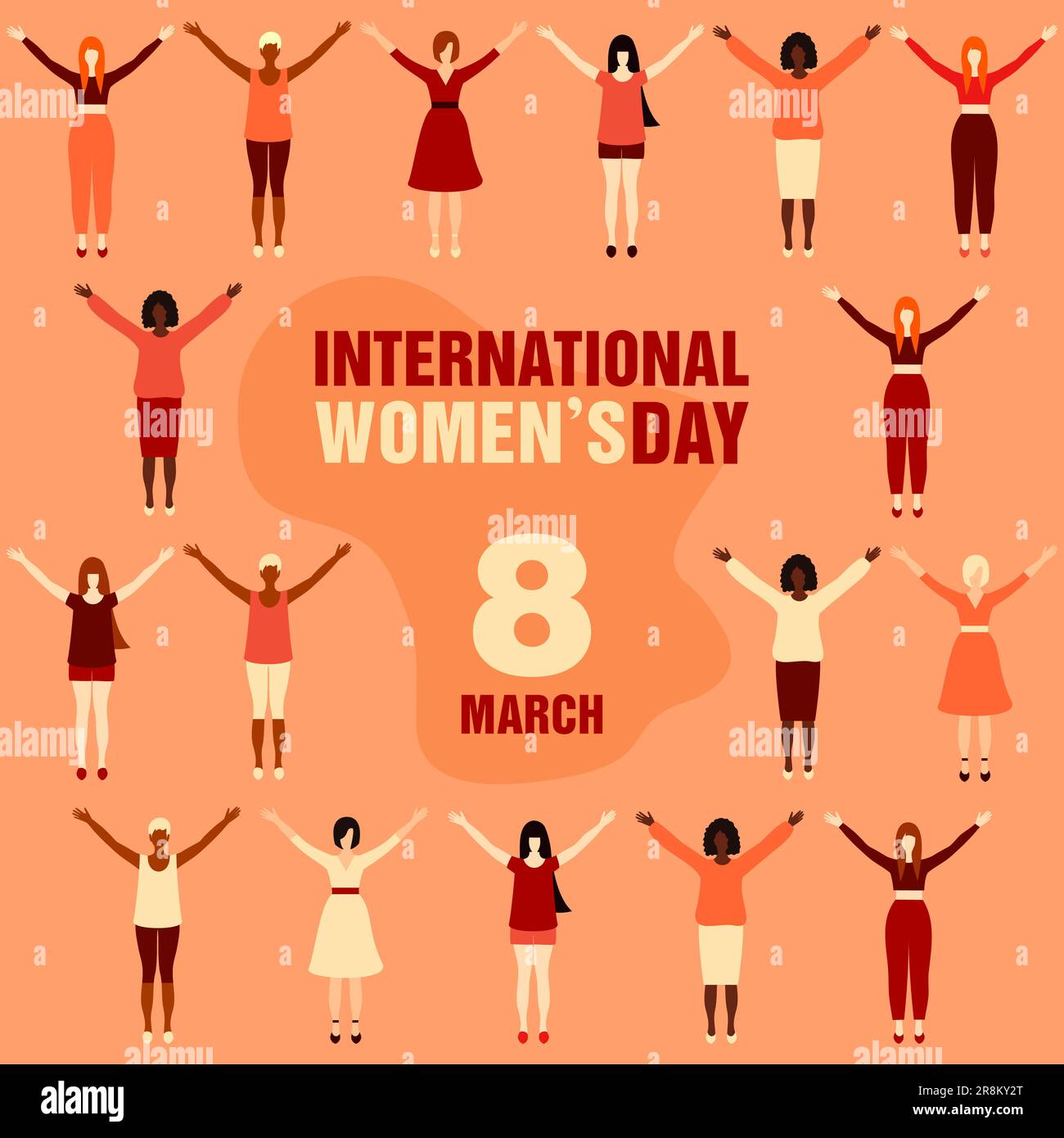 International Women's Day. Women of different ethnicities in full height with raised hands. Concept of female friendship, support and movement for wom Stock Vector