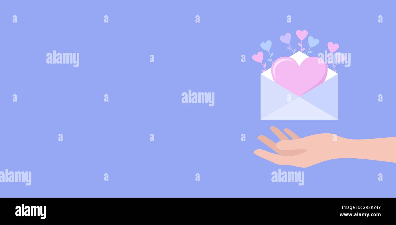 Happy Valentines day greeting banner. Hand holding envelope with big heart inside and hearts on stems around on a purple background with copy space. F Stock Vector