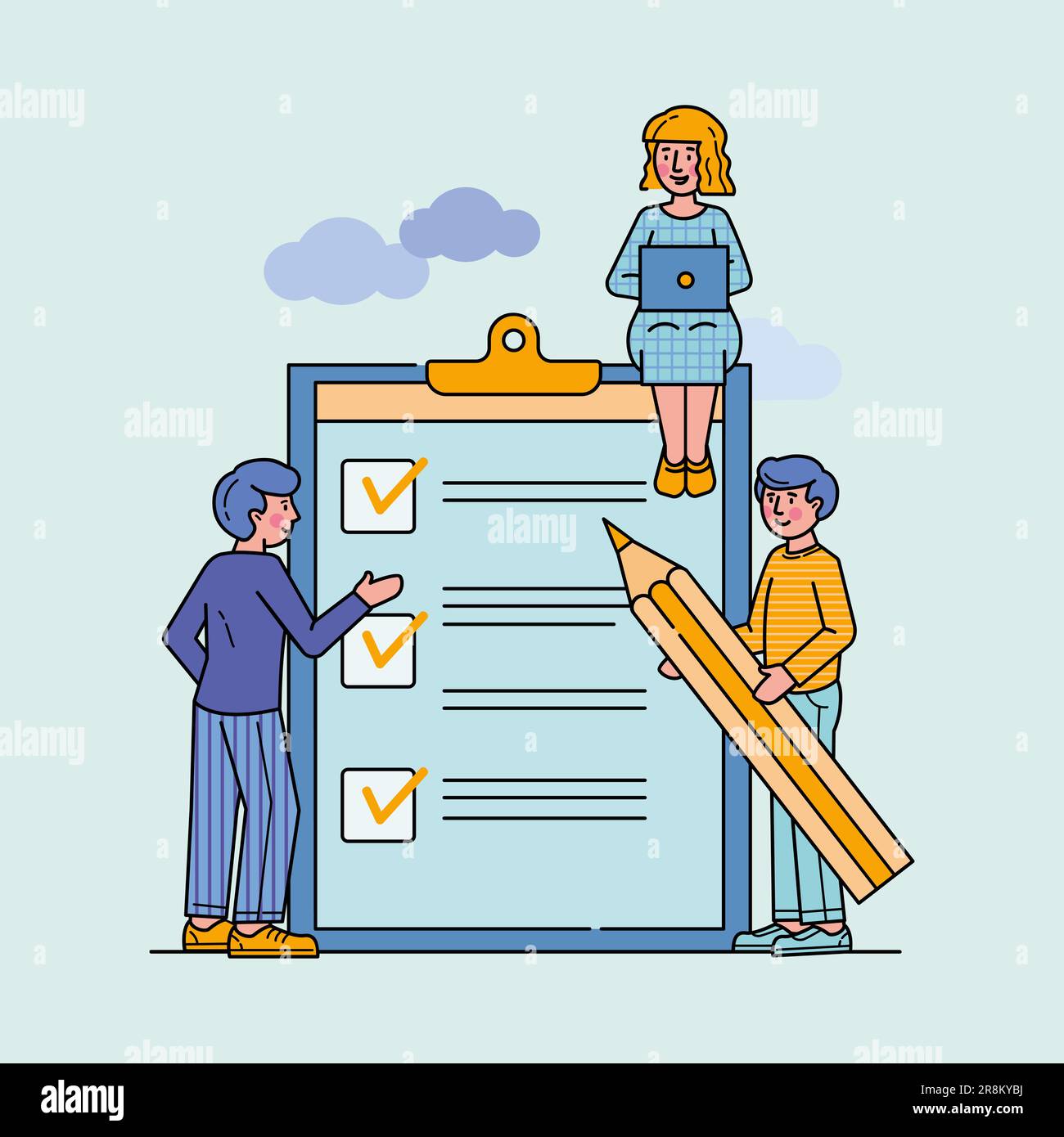 Business people stand at clipboard with checklist Stock Vector