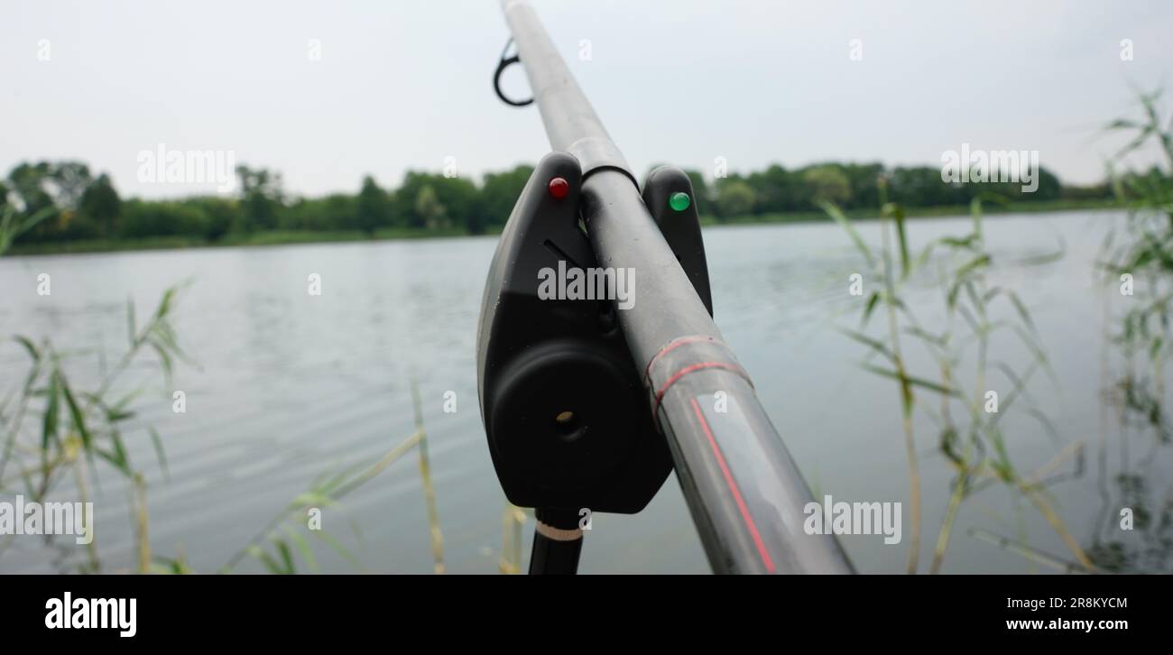 Fishing. Fishing rod on bite alarm. Carp fishing Stock Photo - Alamy