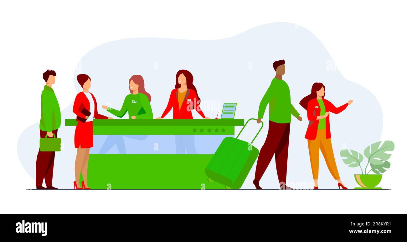 Friendly receptionists from hotel registration desk help clients Stock Vector