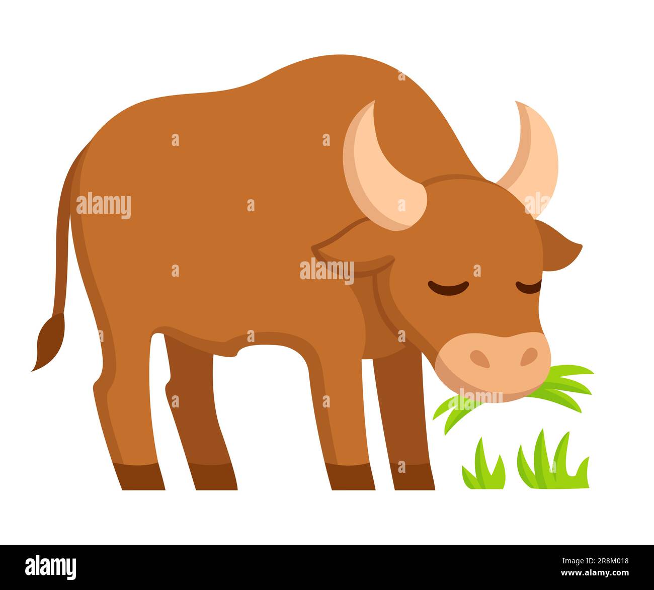 Cute cartoon drawing of brown ox or bull grazing. Vector clip art illustration. Stock Vector
