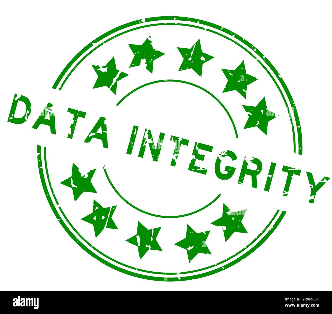 Grunge green data integrity word with star icon round rubber seal stamp on white background Stock Vector