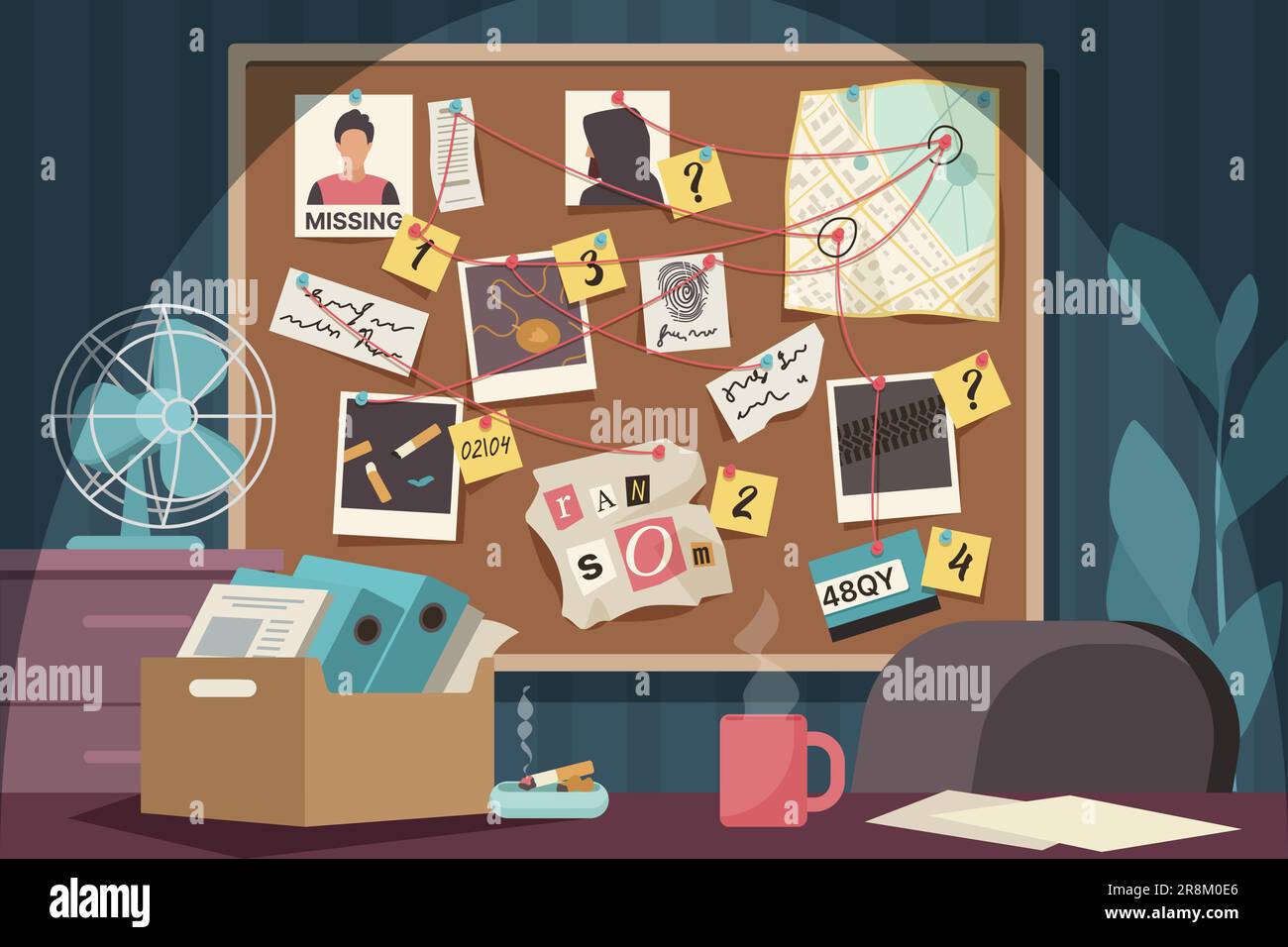 Evidence board in police office vector illustration. Cartoon interior of detectives room with desk, board on wall with elements of investigation connected by red thread to investigate murder case Stock Vector