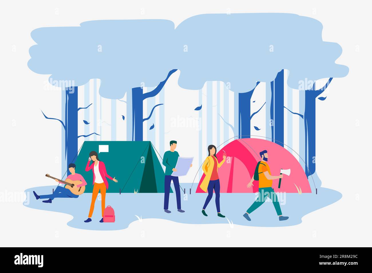 Friends resting at campsite in wood vector illustration Stock Vector ...