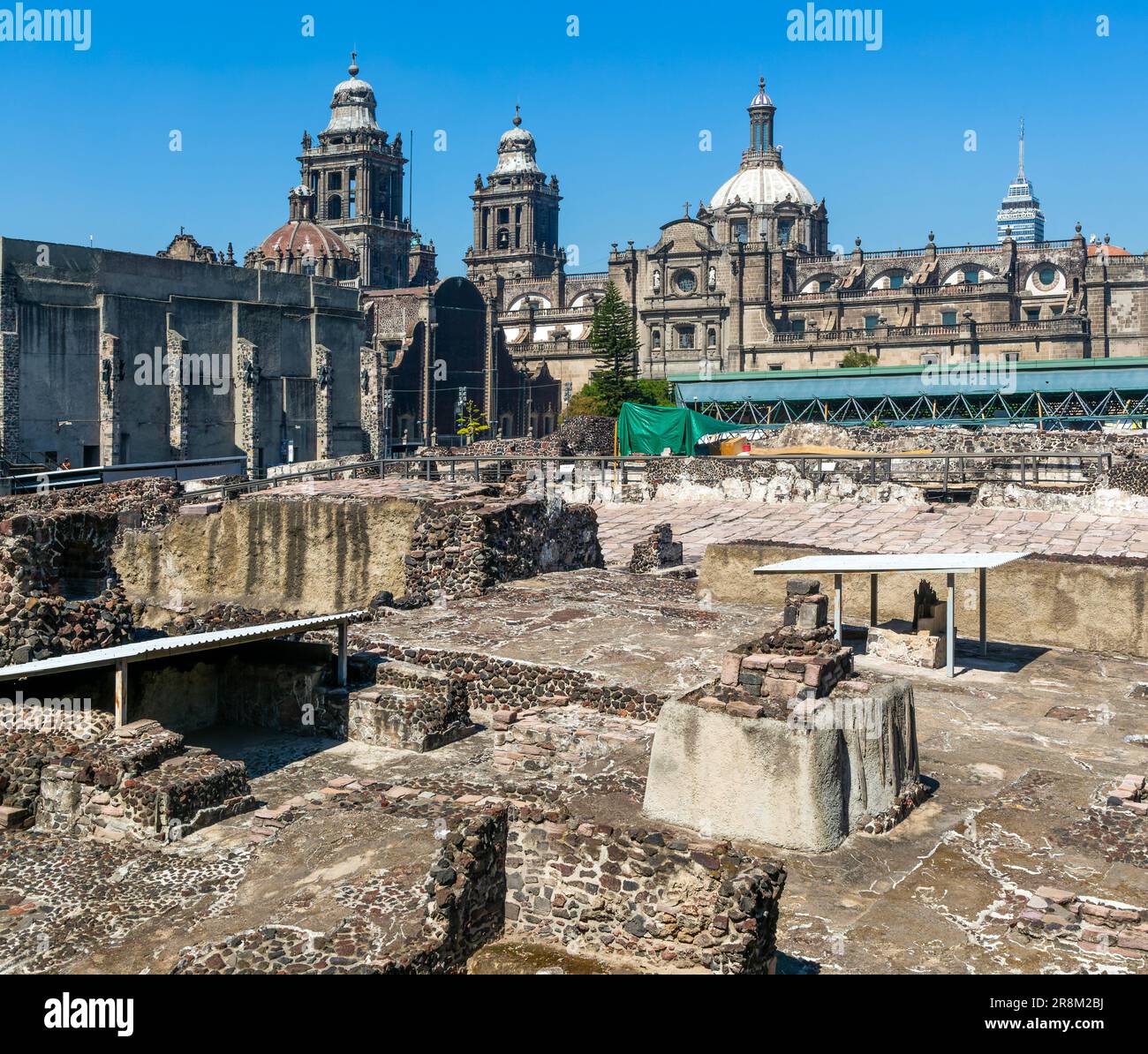 Templo Mayor archaeological Aztec city of Tenochtitlan, view to the ...