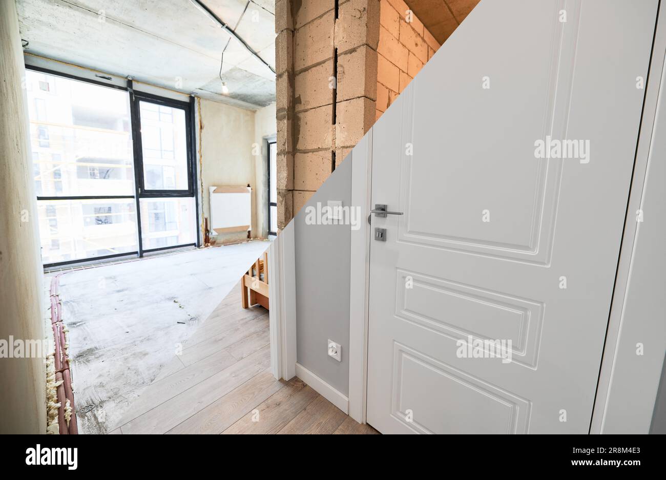 Photo inspiration: Before And After Elegant Apartment Interior Design Reference: Old Apartment With Brick Walls And New Renovated Flat Doors